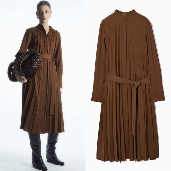 NWT COS Pleated Wool Blend Midi Brown Shirt Dress Size 2 - Picture 1 of 13